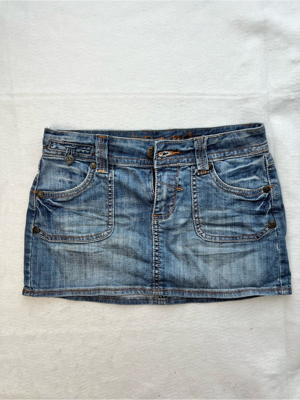 Denim Mini Skirt – Contrast Stitching & Utility Pockets - Size Small